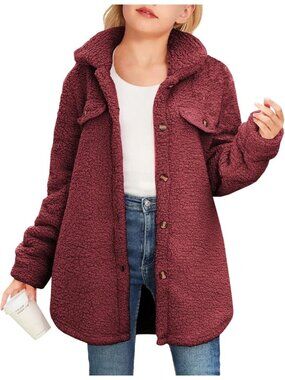 Kids Girl's Wine Red Polyester Casual Button Down Sherpa Faux Fur Fleece Jacket